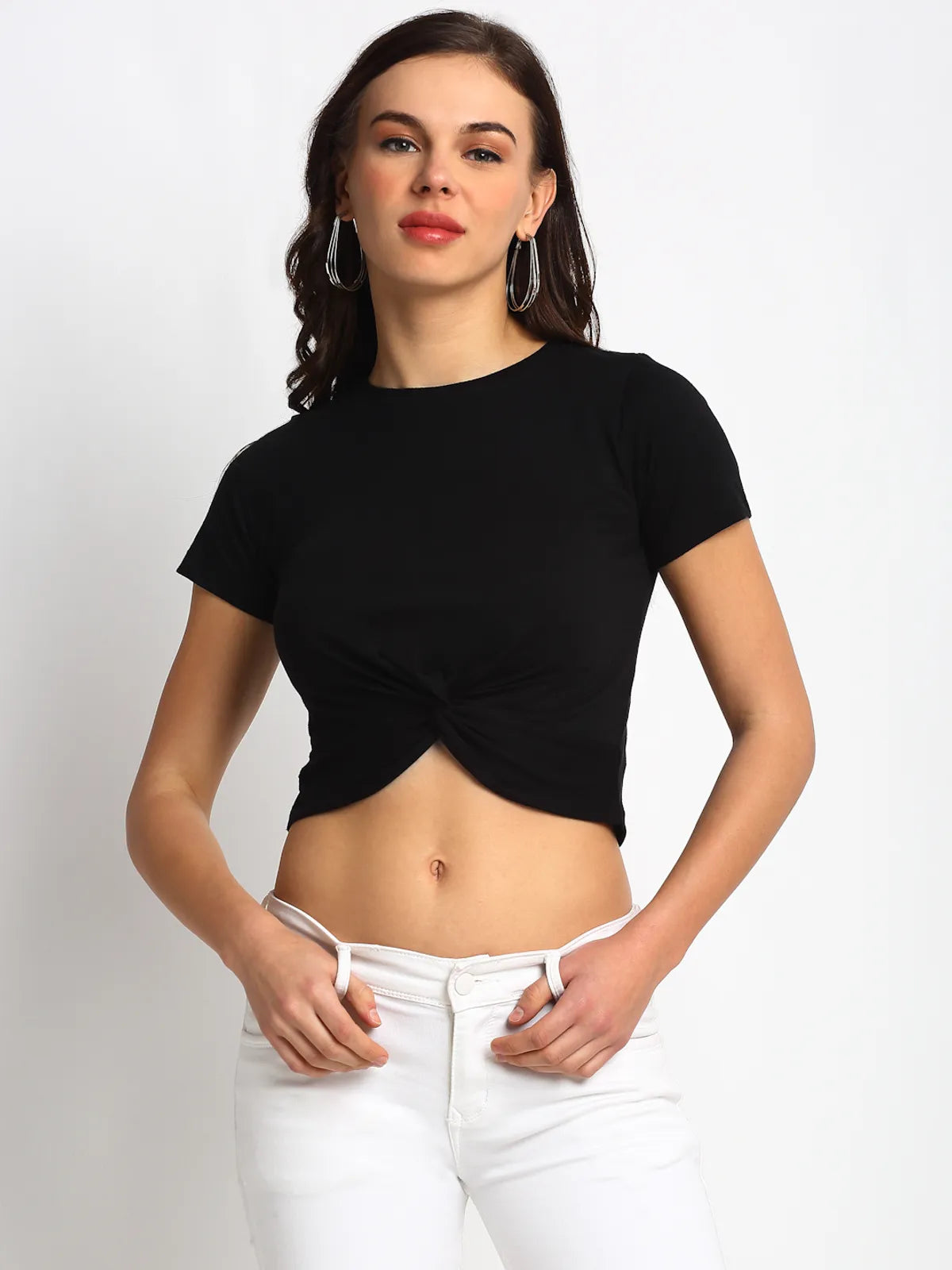 Black Front Knot Crop Top for Women image 1