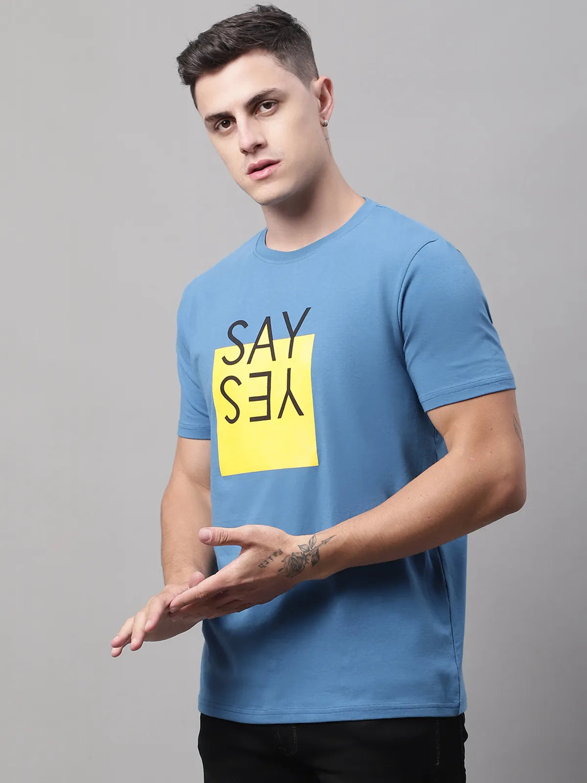 Blue-Printed Regular-Fit T-shirt For Men