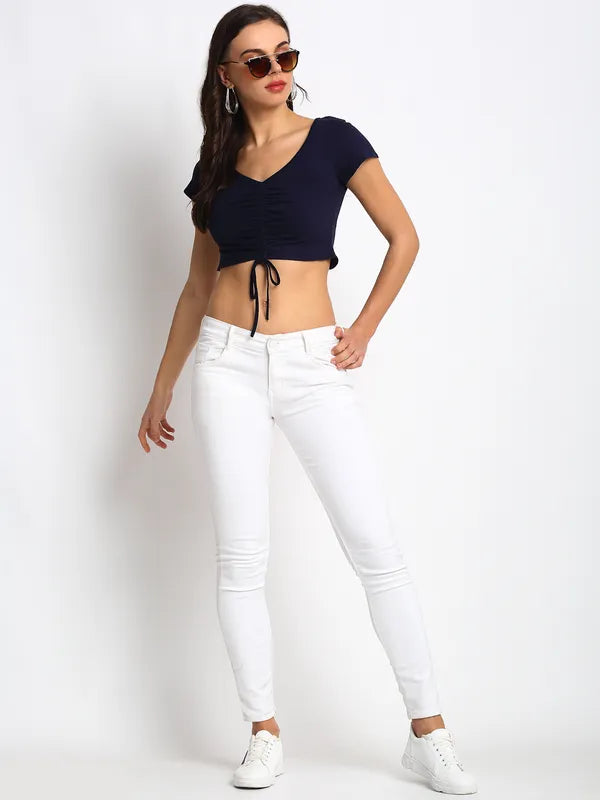 Stylish Navy Front-Gather Crop Women's Top image 4