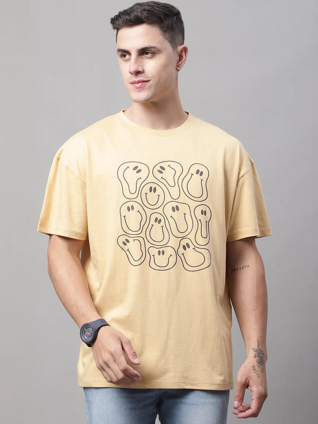 Beige Cotton Printed Oversized T-shirt For Men