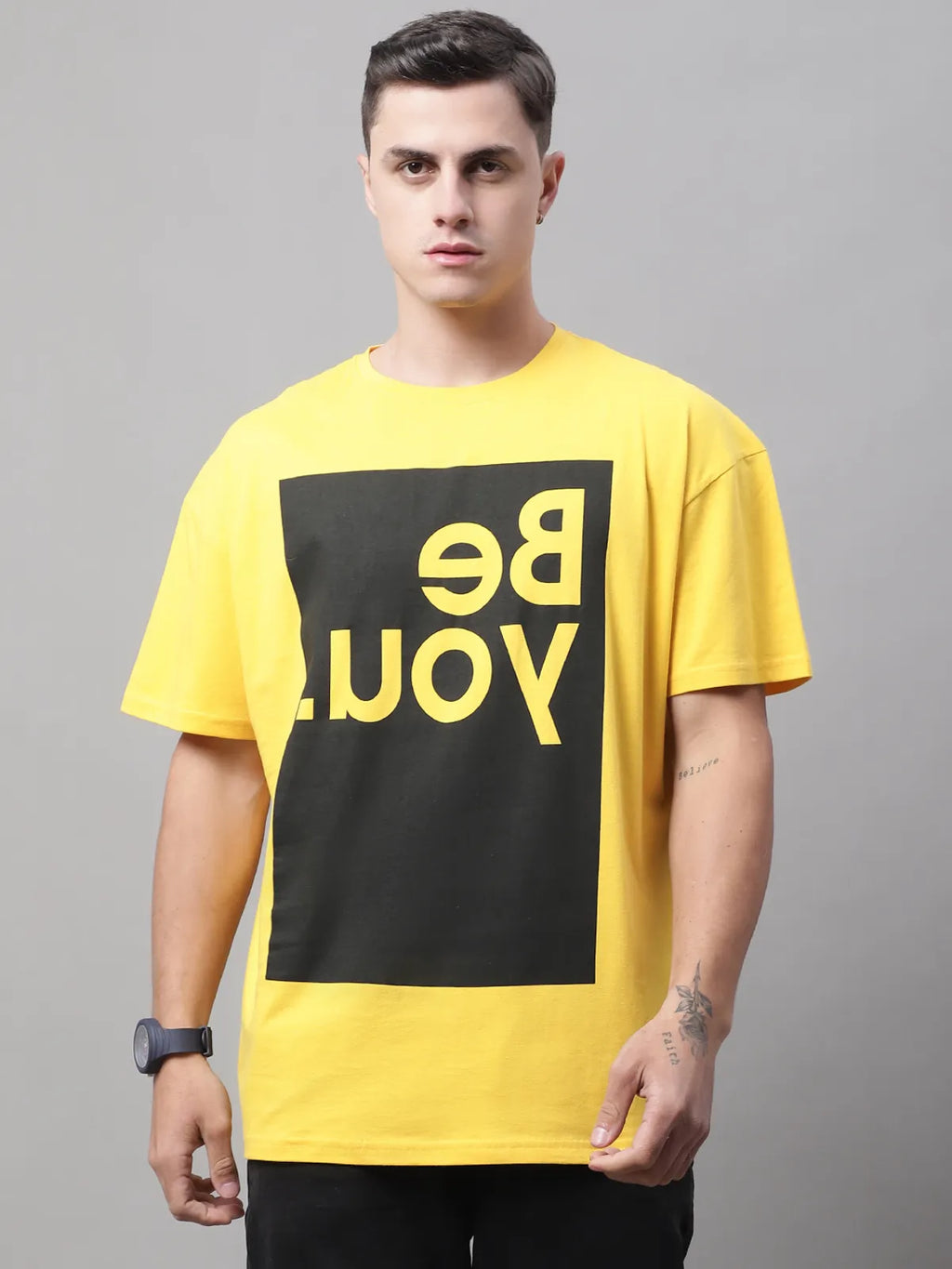 Yellow Cotton Printed Oversized T-Shirt For Men
