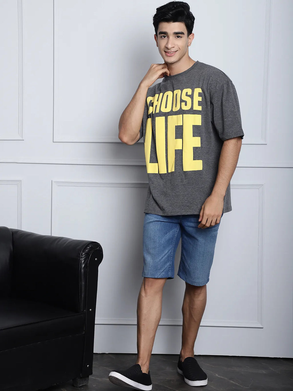 Dark Grey Cotton Printed Oversized T-shirt For Men