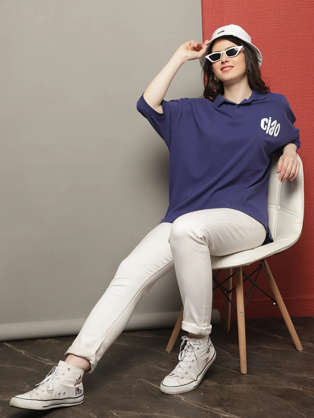 Navy Blue Cotton Printed Oversized Polo-Collar T-shirt For Women