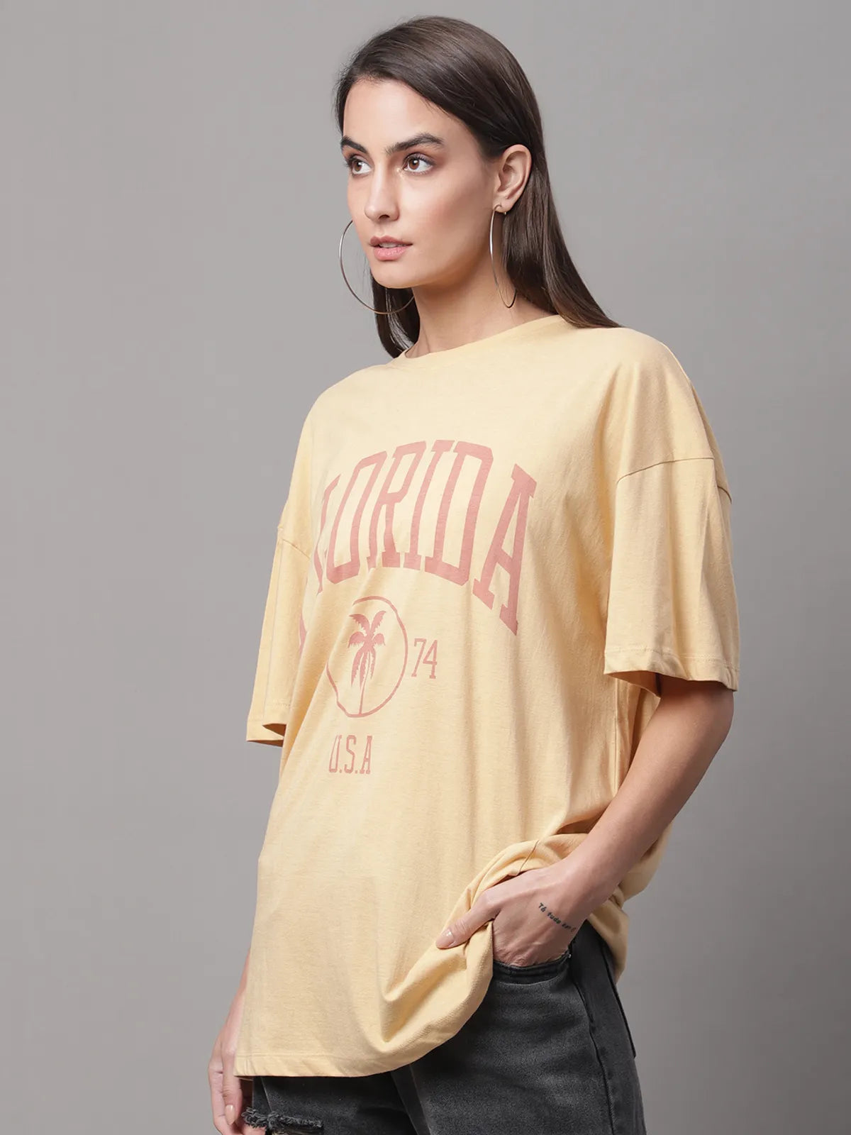 Beige Cotton Printed Oversized Round Neck T-shirt For Women