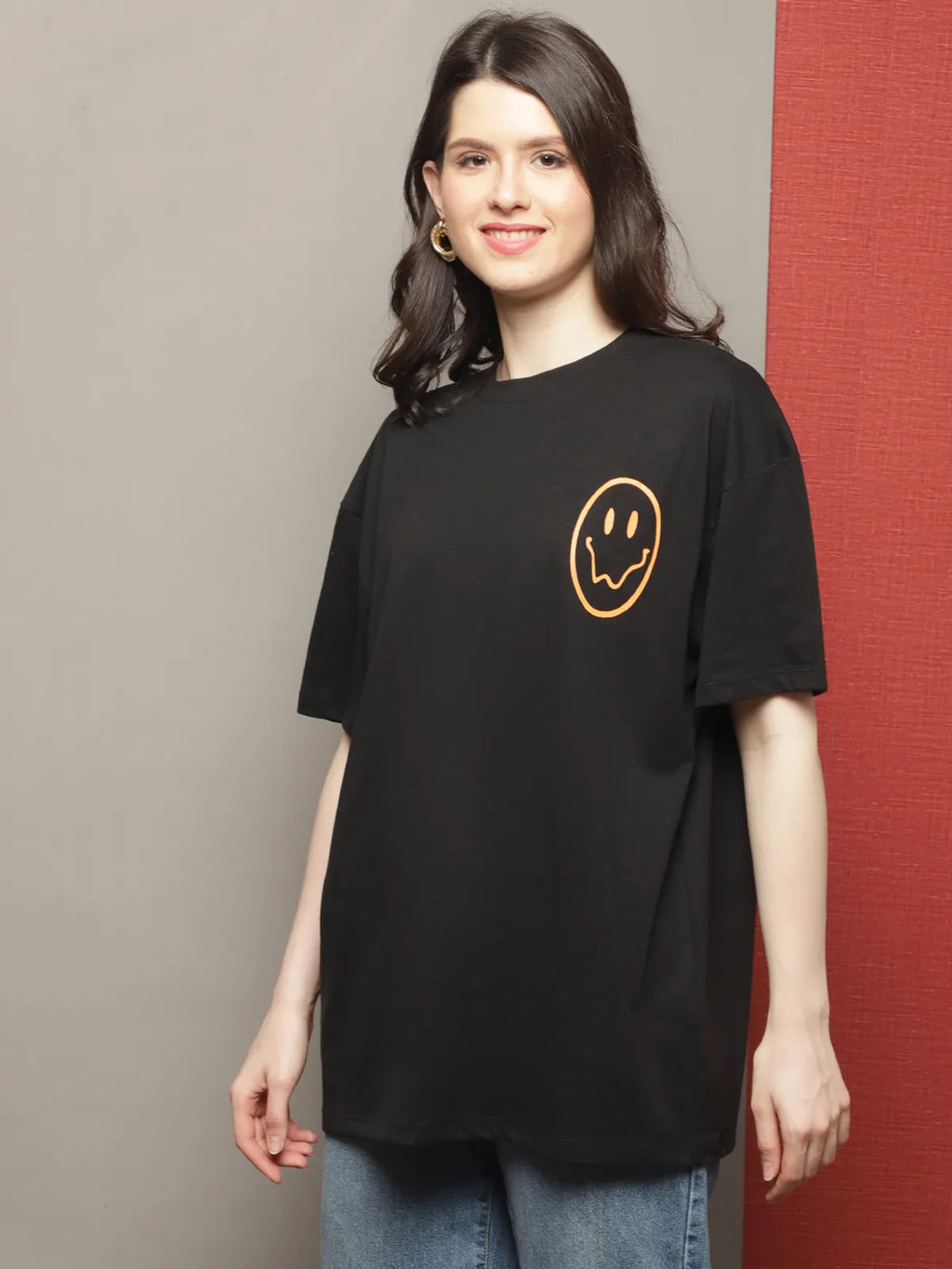 Black Casual Cotton Printed Oversized T-shirt For Women