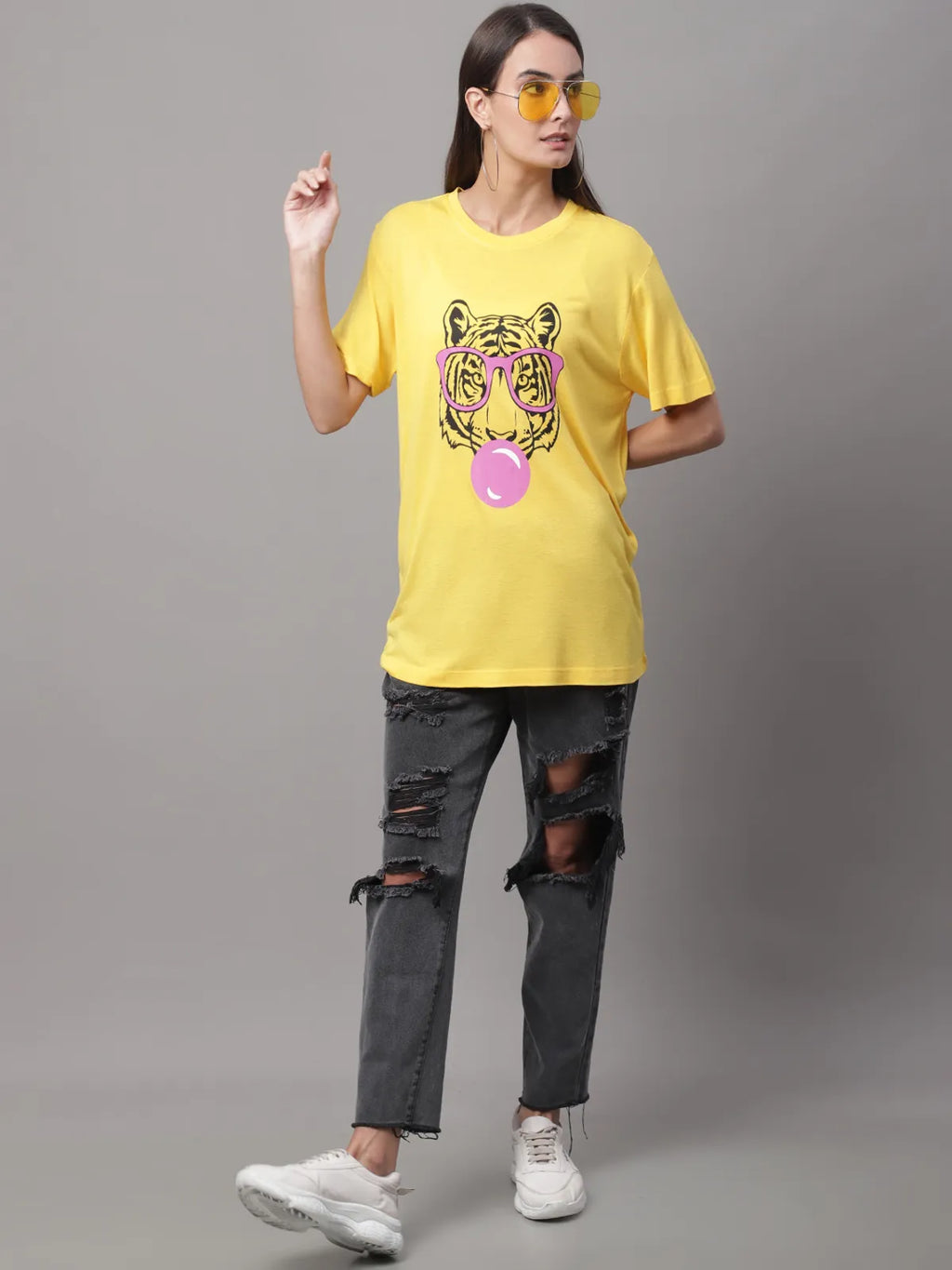 Yellow Cotton Printed Regular Fit Round Neck T-Shirt For Women