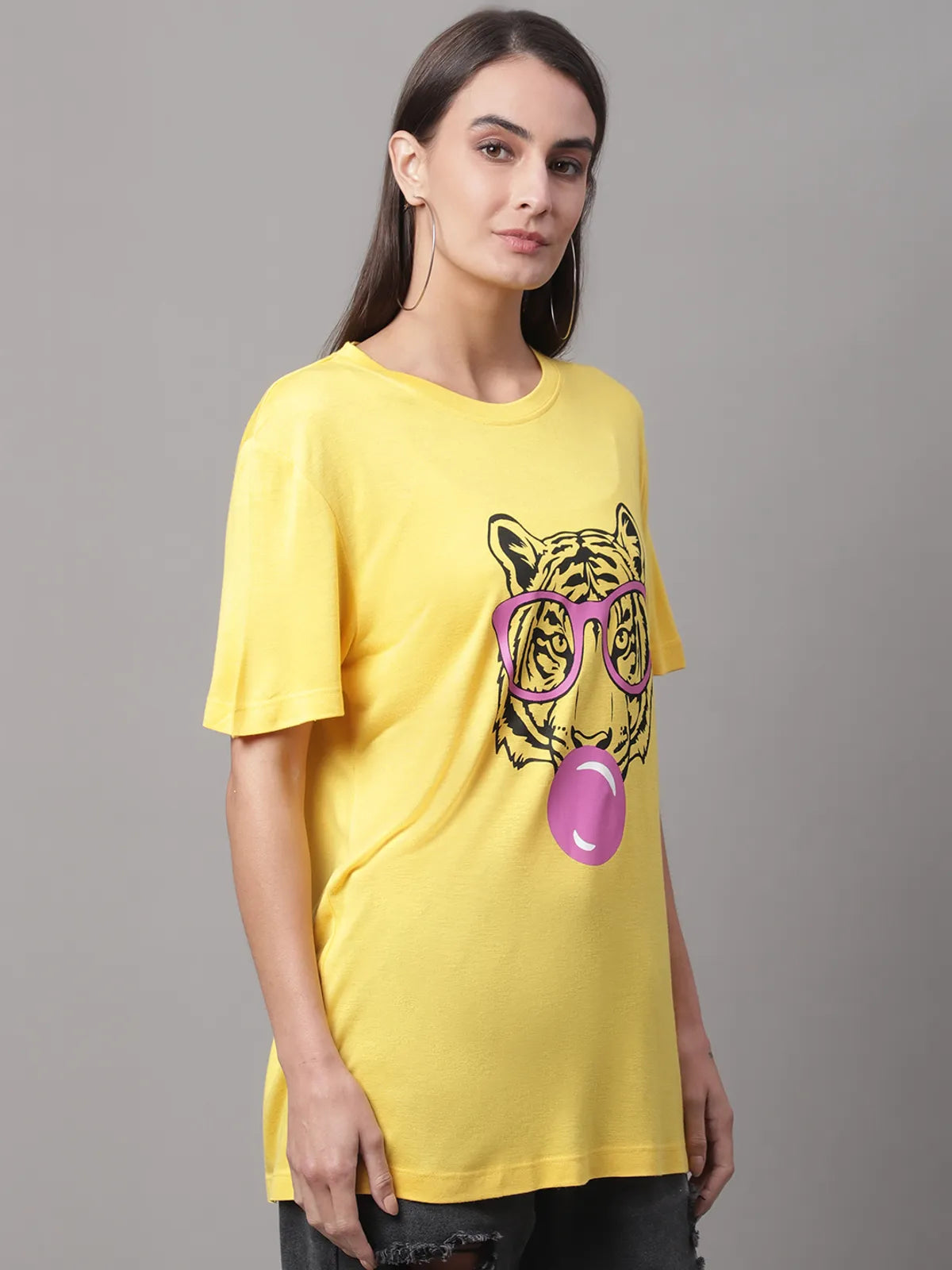 Yellow Cotton Printed Regular Fit Round Neck T-Shirt For Women