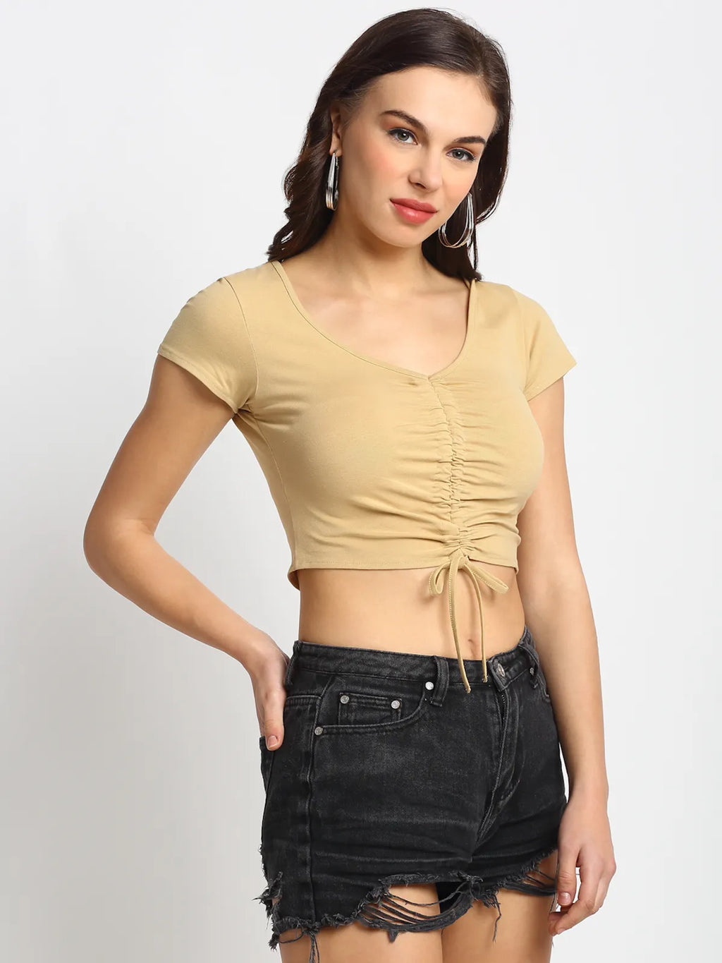 Brown Ruched Stretchable Crop Top for Women - L image
