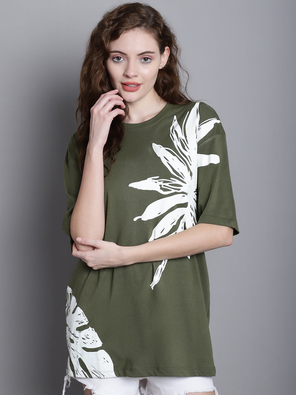 Women's Floral Printed Drop Shoulder Sleeves Oversized T-Shirt - L image