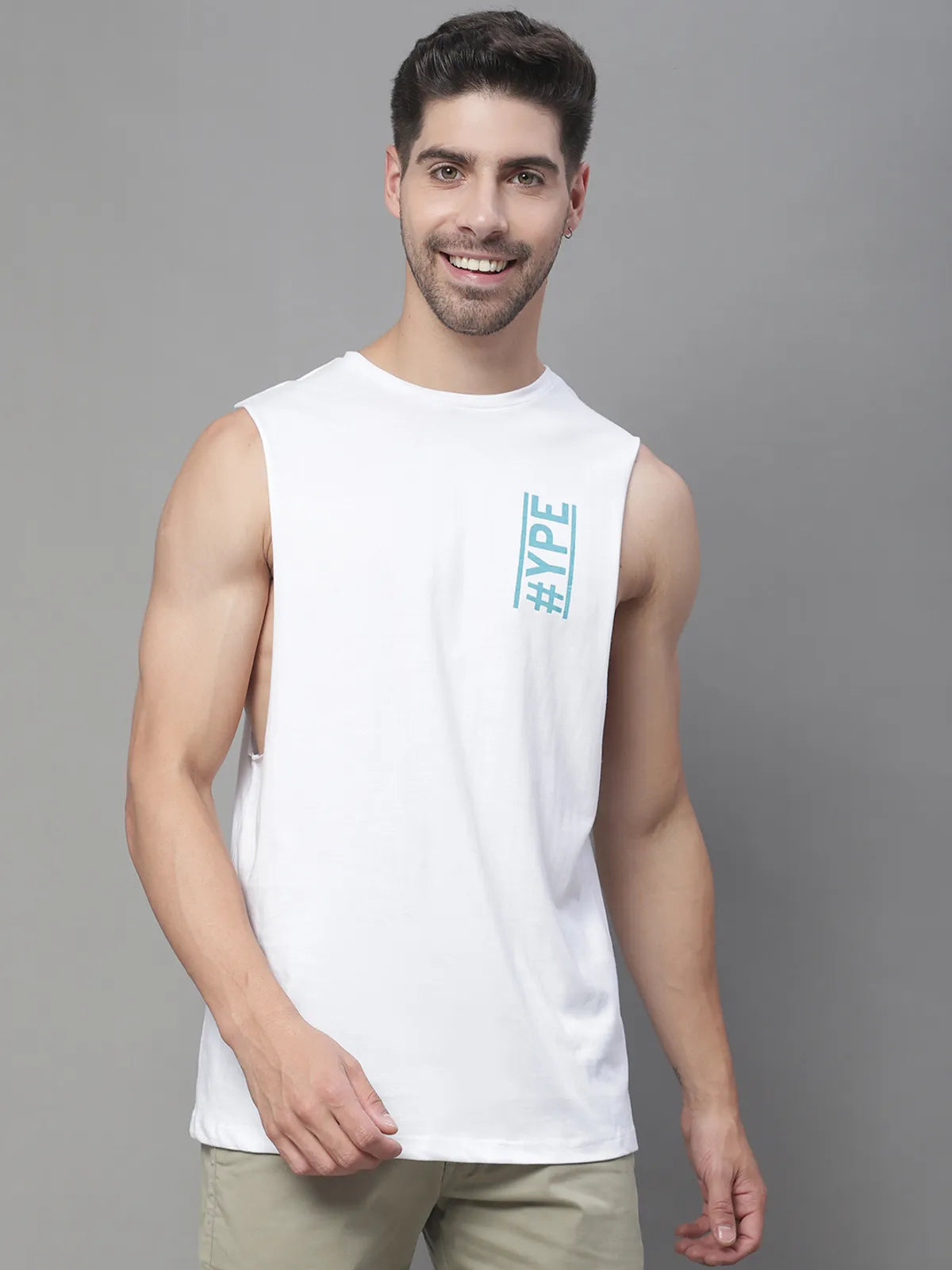 Door74 Hype Printed Drop Armhole White Vest - L image
