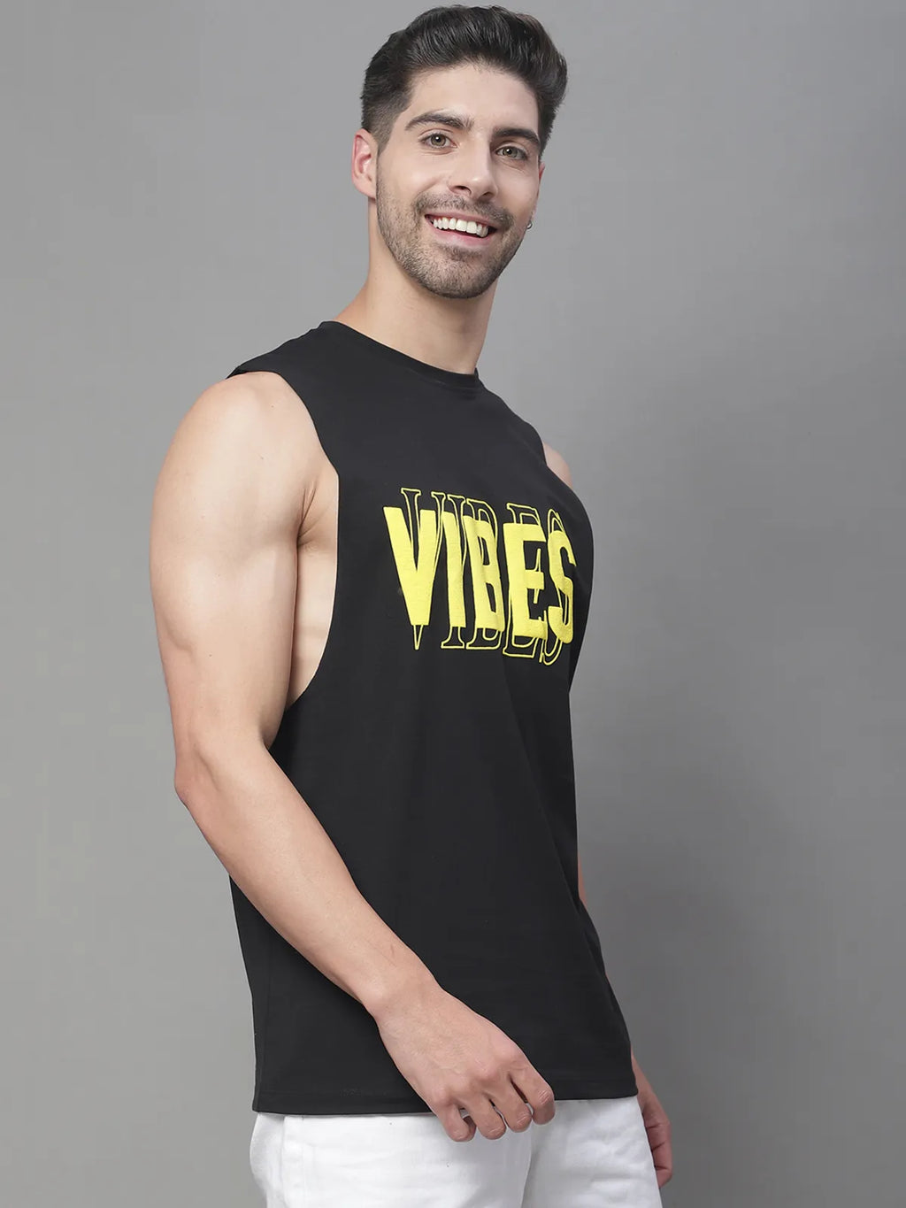Door74 Vibes Printed Drop Armhole Black Vest - S image