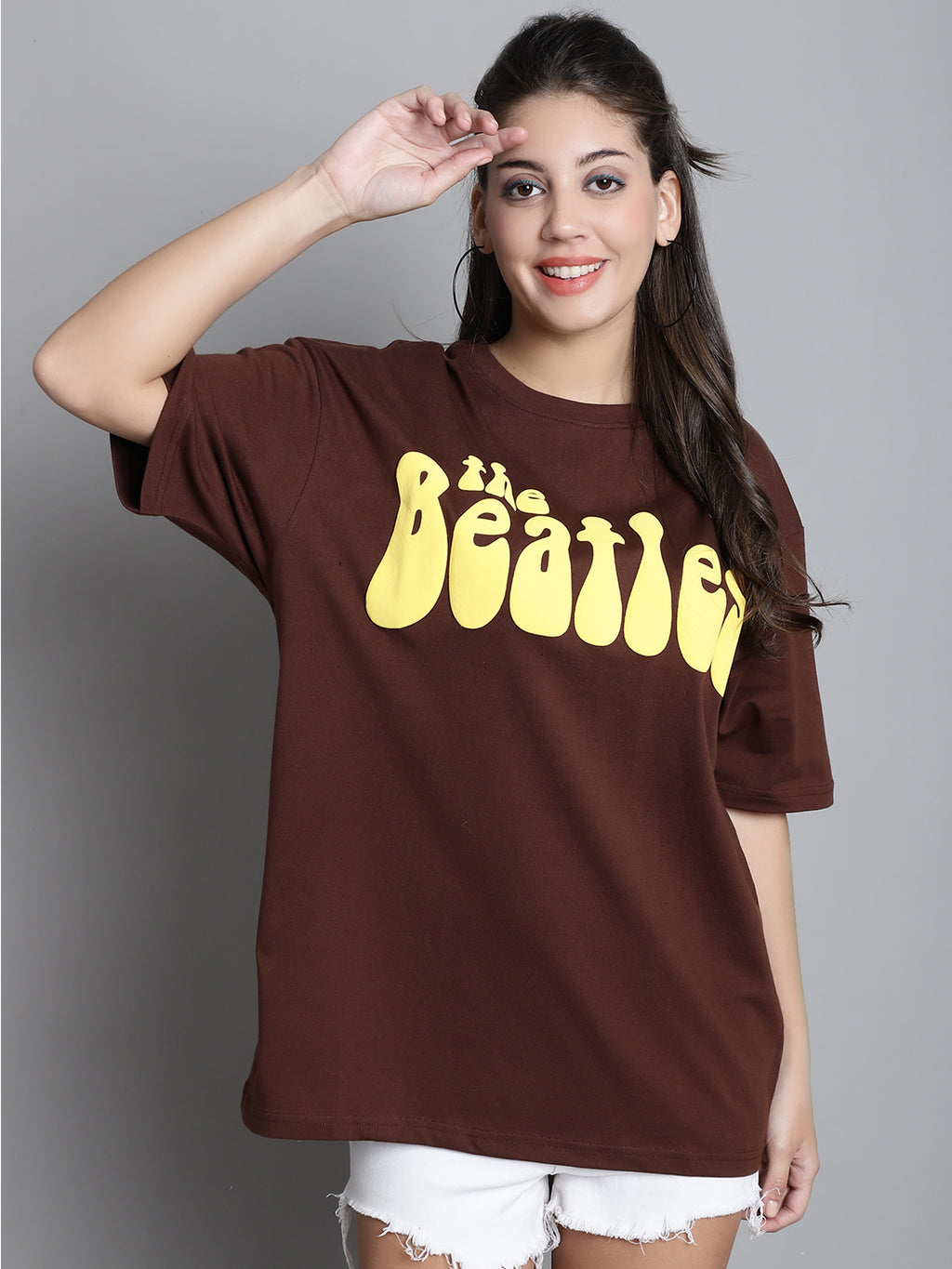 Typography Printed Drop-Shoulder Sleeves Cotton Oversized T-shirt - XL, Brown image
