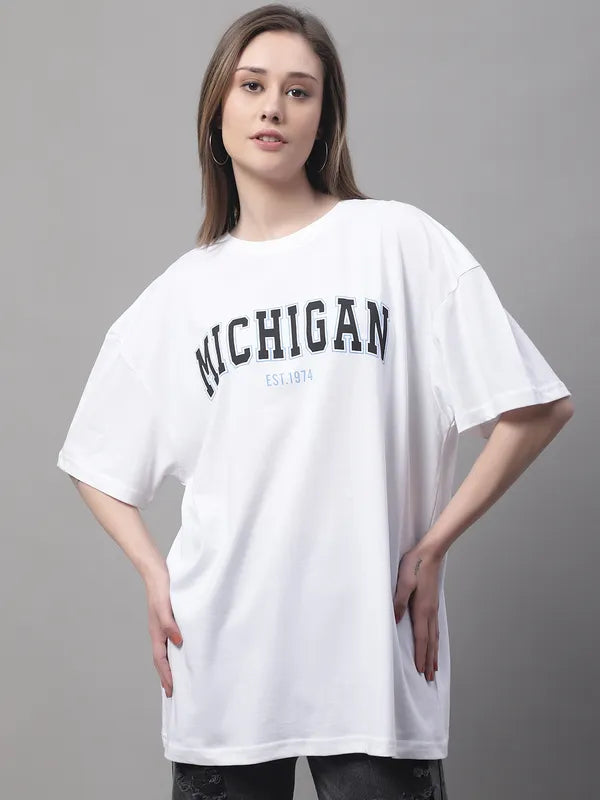 White Cotton Printed Oversized Round-Neck T-Shirt For Women image 1