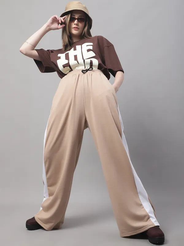 Beige Cotton Solid Joggers For Women image 1