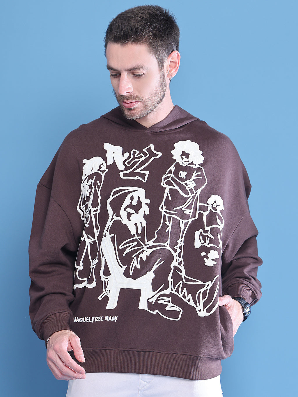 Brown Printed Hoodie For Men With Relaxed Street Style - S, Brown image