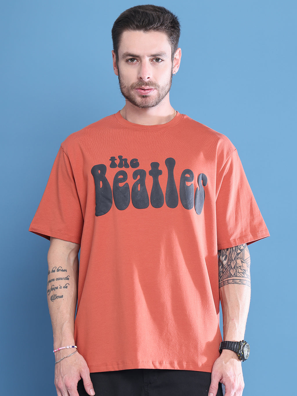 Coral Drop-Shoulder T-shirt For Men With Beatles Print - L image