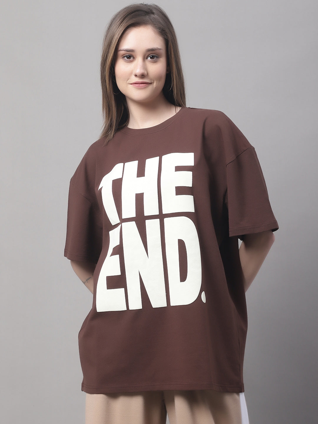 Women's Typography Printed Round Neck Cotton Oversize T-Shirt - S, Brown image