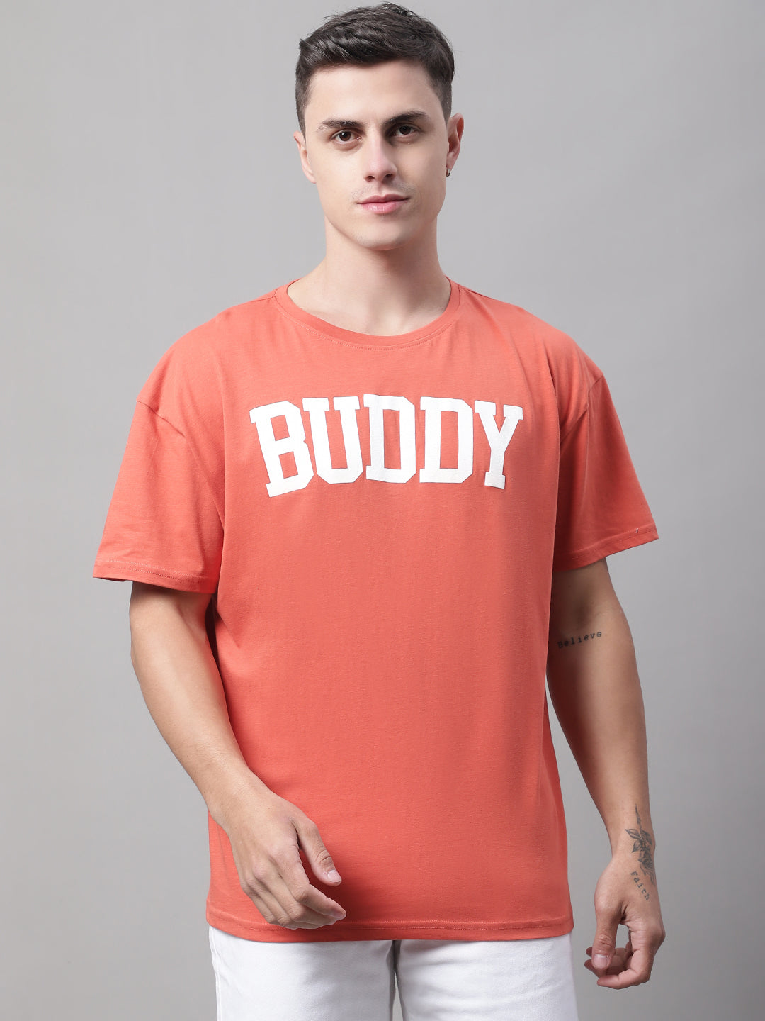 Men's Buddy Printed Rust Color Oversized-Fit T-Shirt - L image