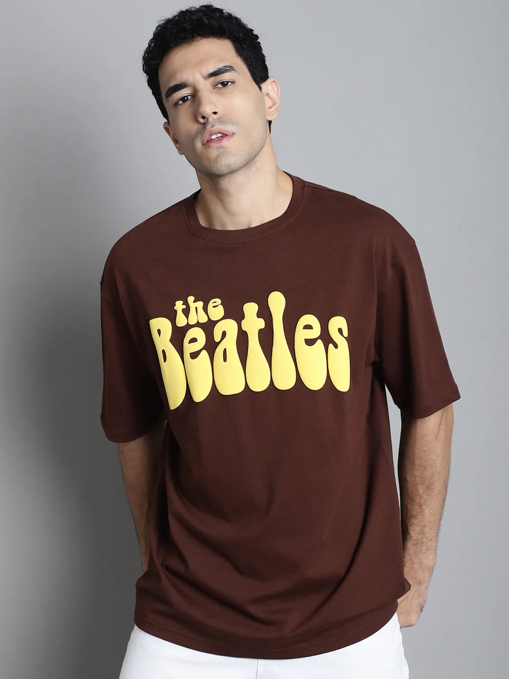 Brown Beatles Printed Oversized T-shirt For Men
