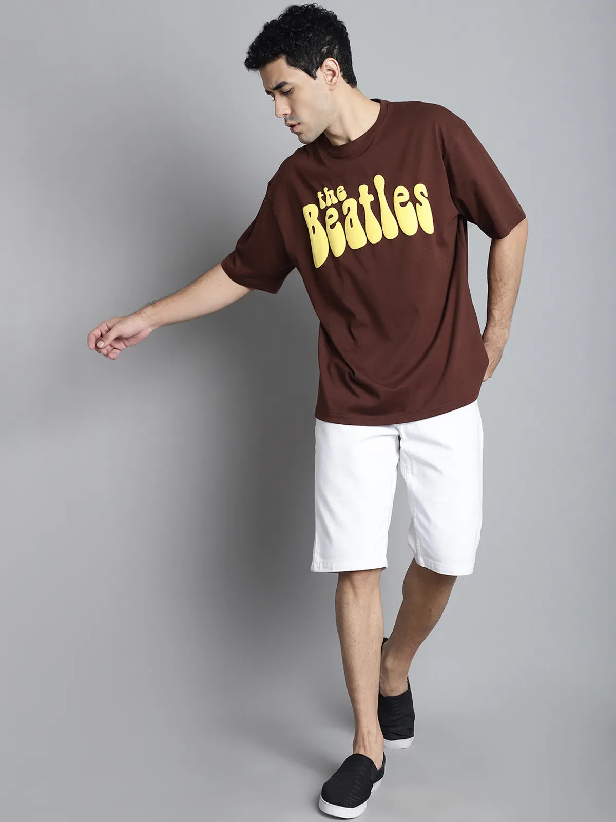 Brown Beatles Printed Oversized T-shirt For Men