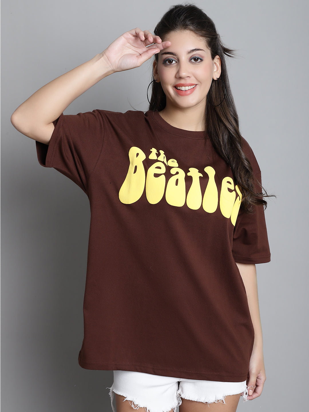 Typography Printed Drop-Shoulder Sleeves Cotton Oversized T-shirt - L, Brown image