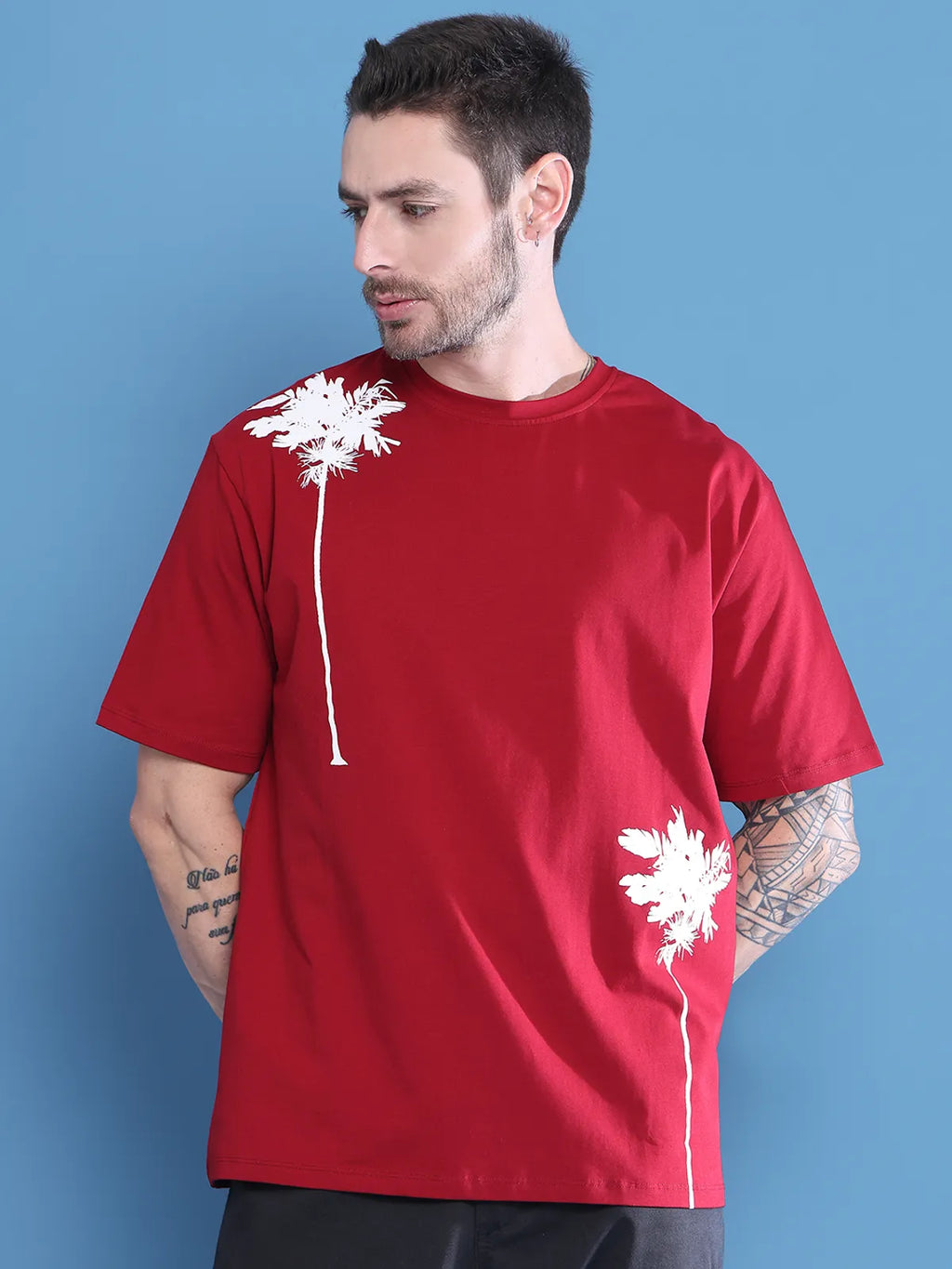 Red Palm Tree Print Oversized T-shirt For Men