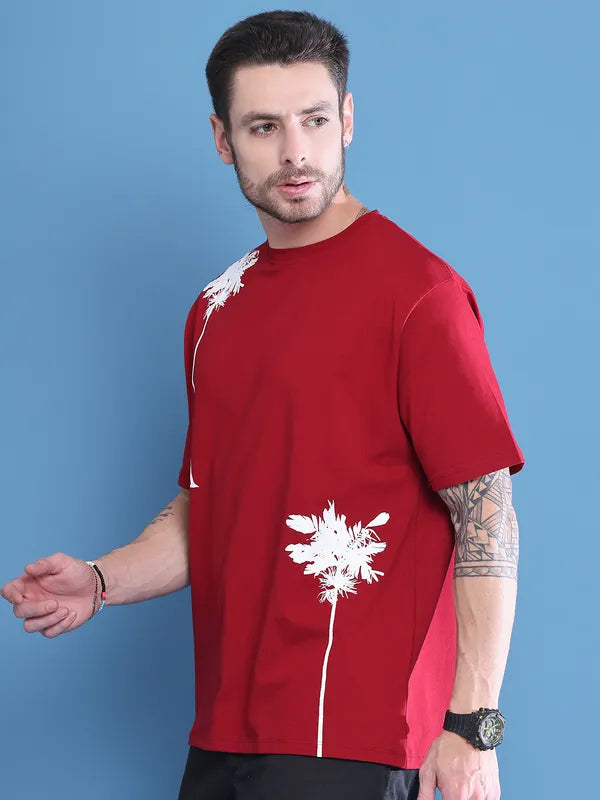Red Palm Tree Print Oversized T-shirt For Men