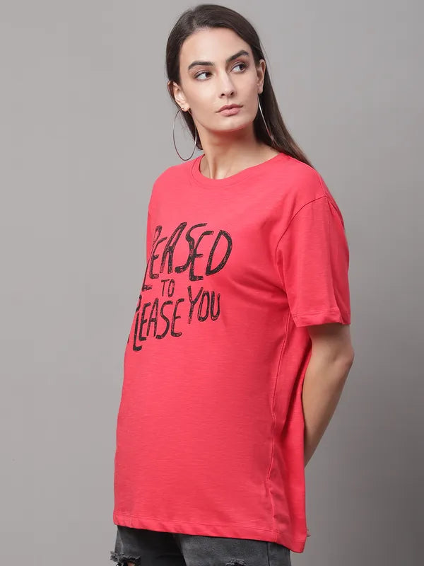 Red Cotton Printed Regular-Fit Round-Neck T-shirt For Women image 2