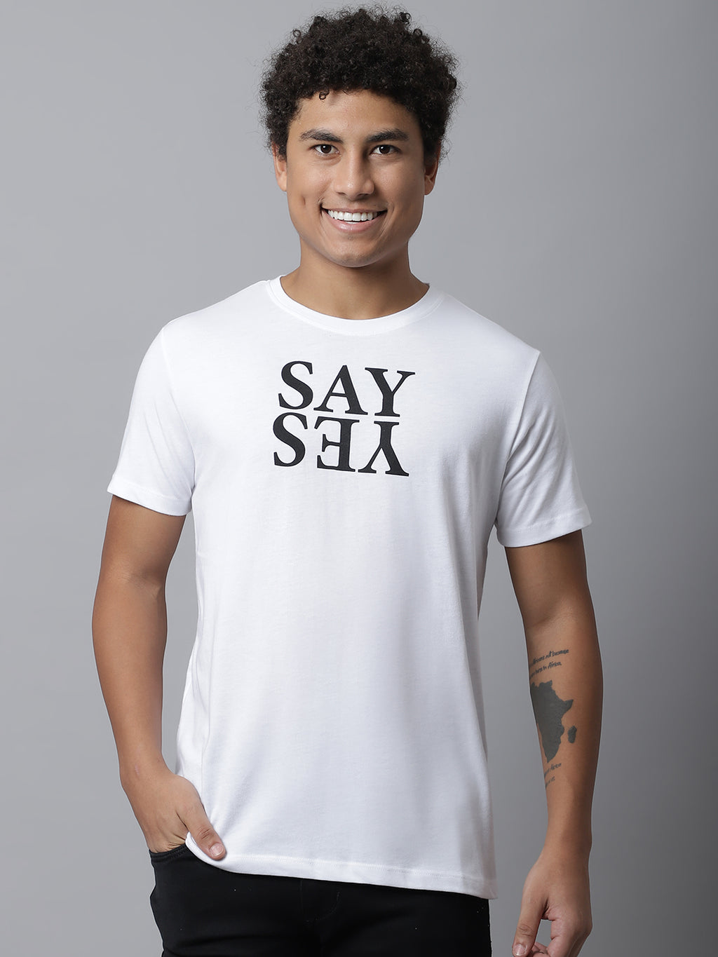 White Graphic T-shirt For Men With Say Yes Print - S image
