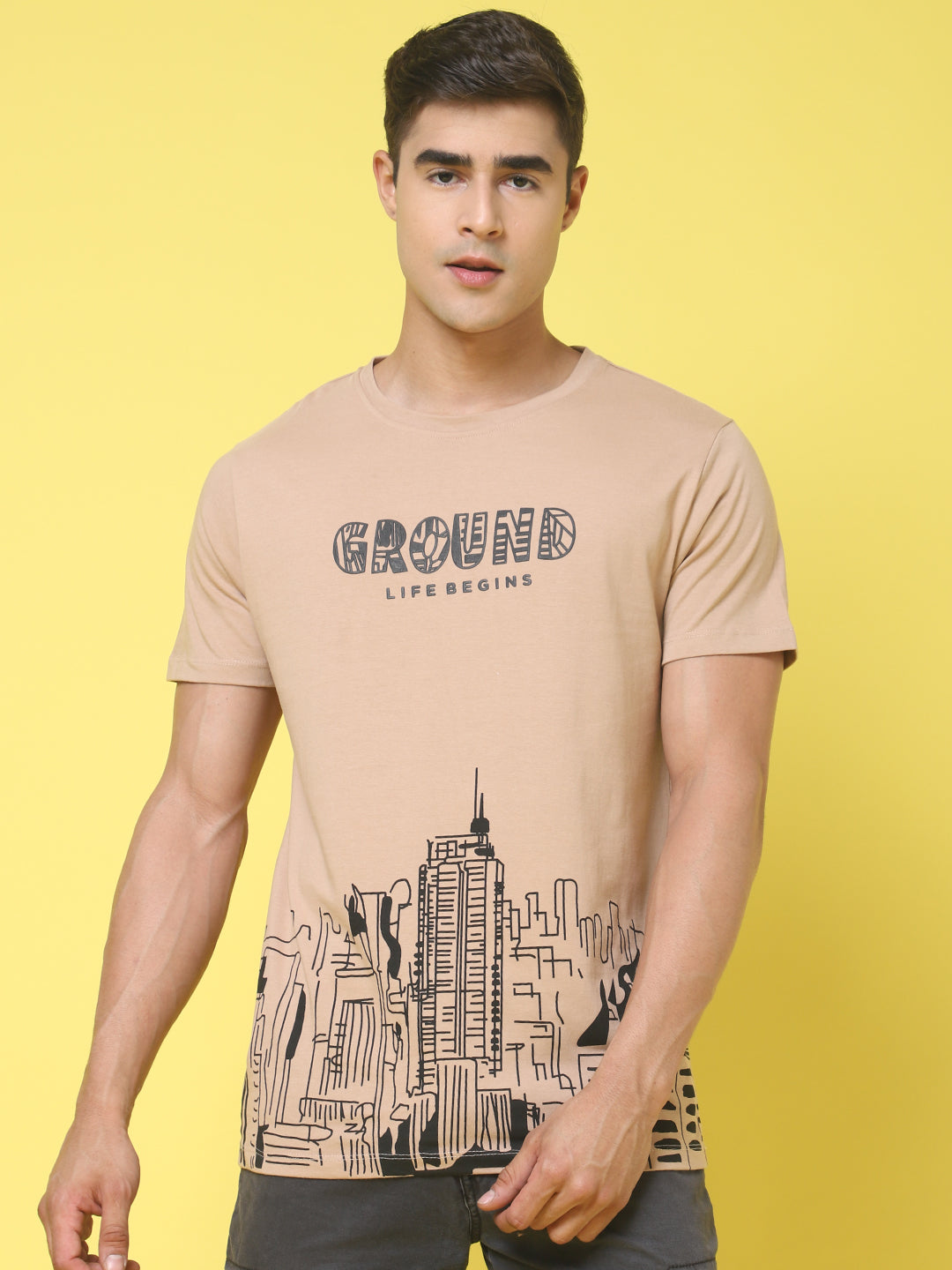 Printed Brown Regular T-shirt for Men - L image