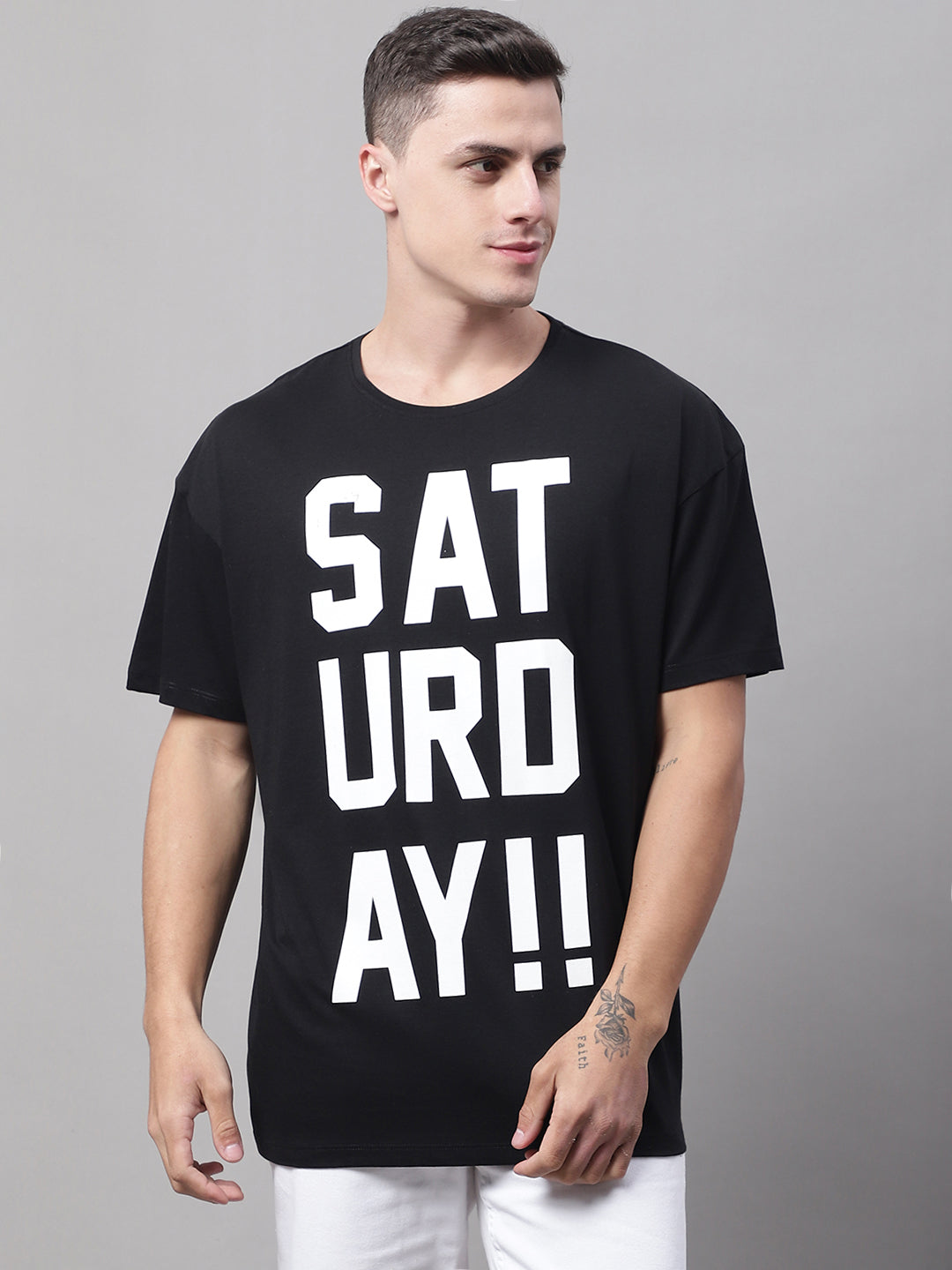 Saturday Printed Black-Color Oversize-Fit T-shirt for Men - L image