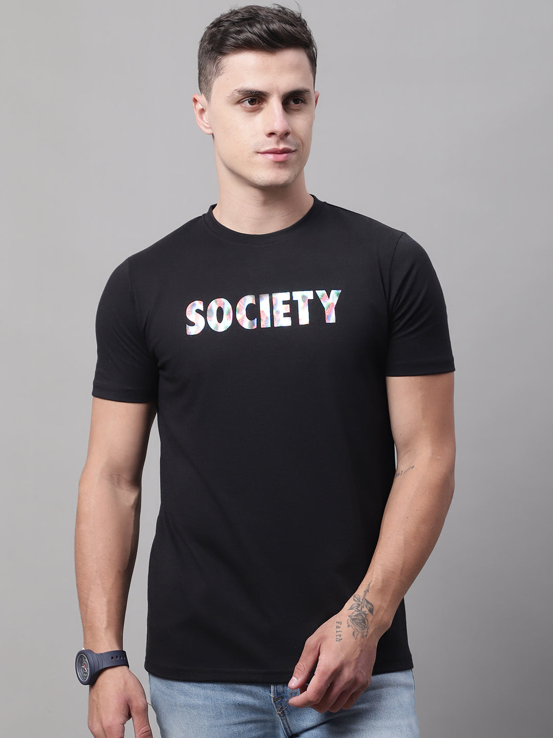 DOOR74 MENS SOCIETY PRINTED BLACK COLOR REGULAR FIT TSHIRT - S image