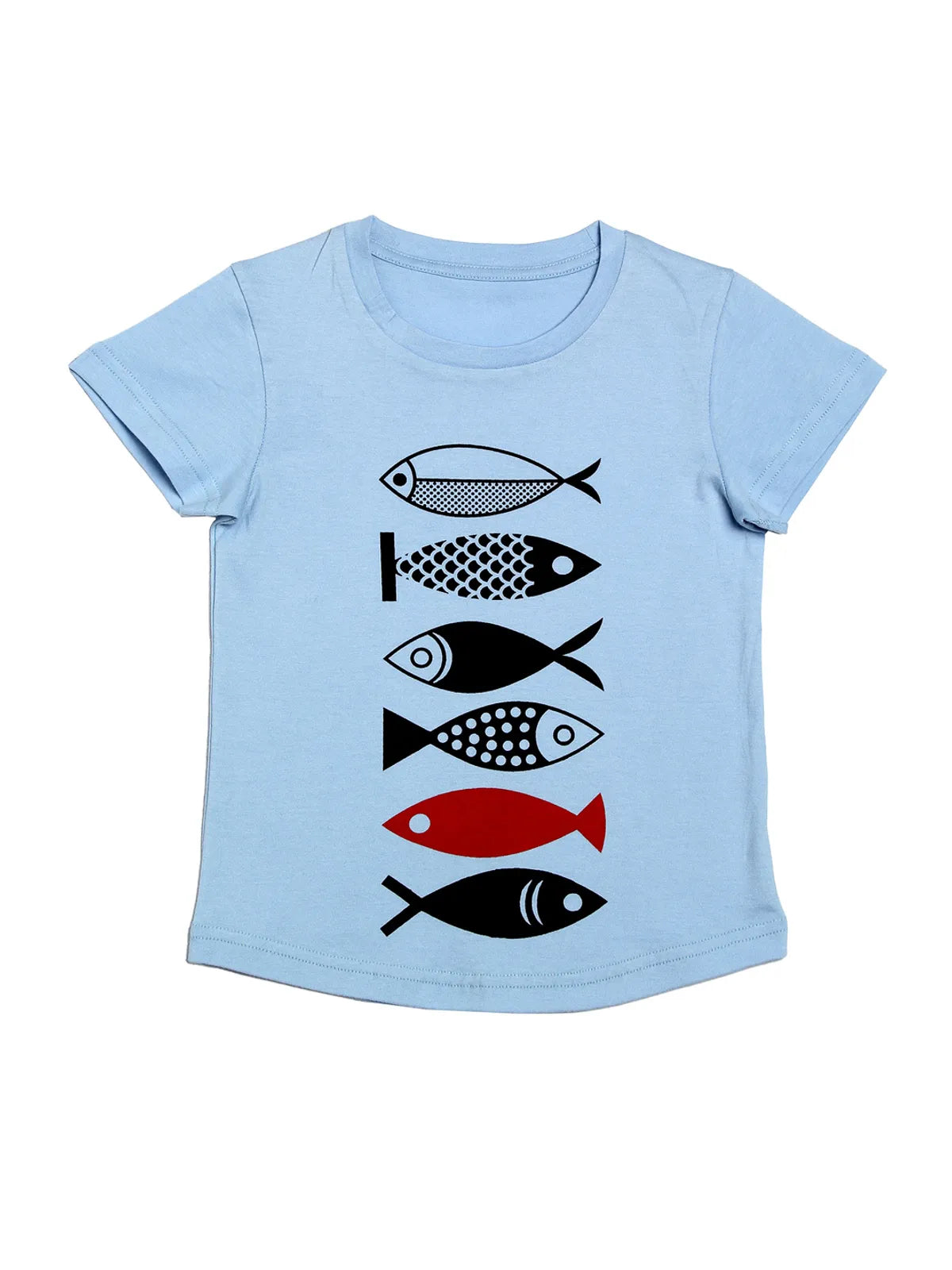 Door74 Unisex Blue Fishes Printed Round Neck T-Shirt - 7-8Y image