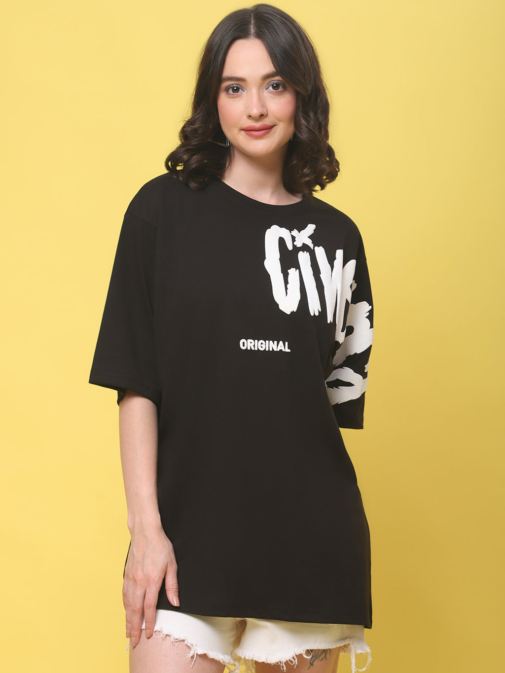 Typography Printed Loose Cotton T-shirt - L, Black image