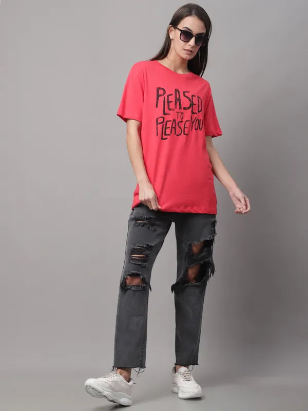 Red Cotton Printed Regular-Fit Round-Neck T-shirt For Women image 1