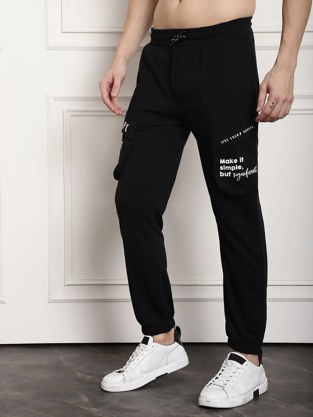 Black Cotton Printed Cargo Joggers For Men - XL, Black image