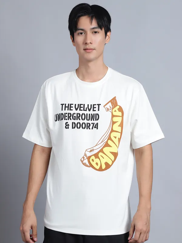 Off White Cotton Printed Oversized T-Shirt For Men - Image 5