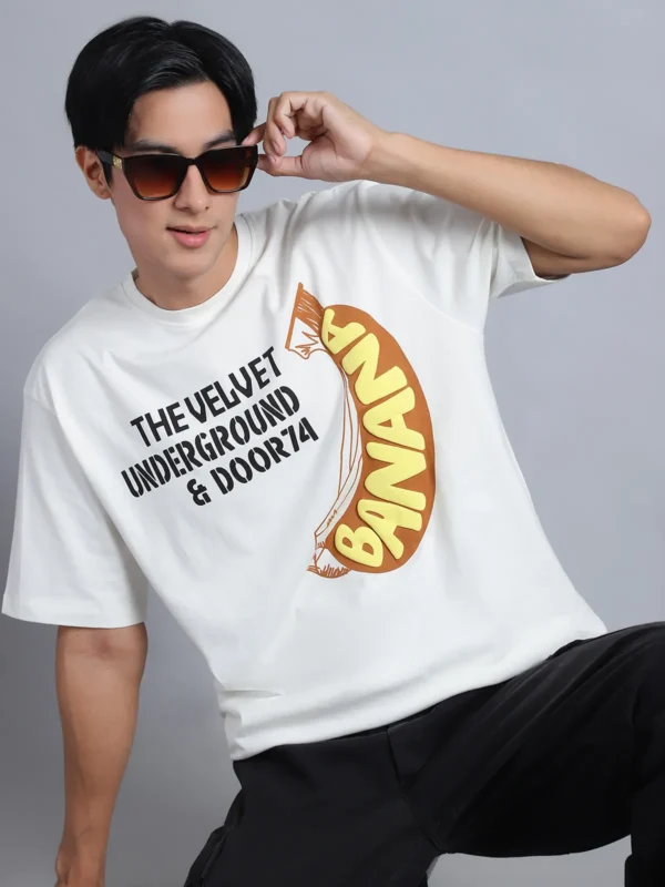 Off White Cotton Printed Oversized T-Shirt For Men