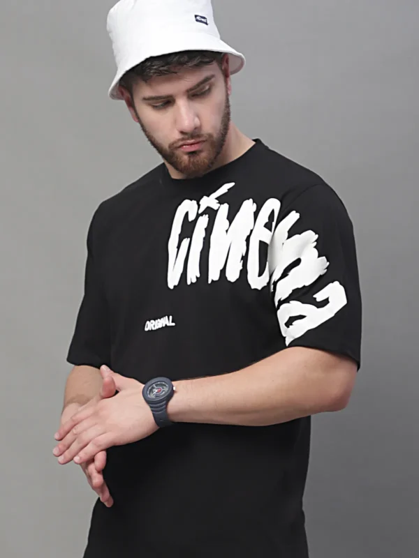 Black Cotton Printed Oversized T-Shirt For Men