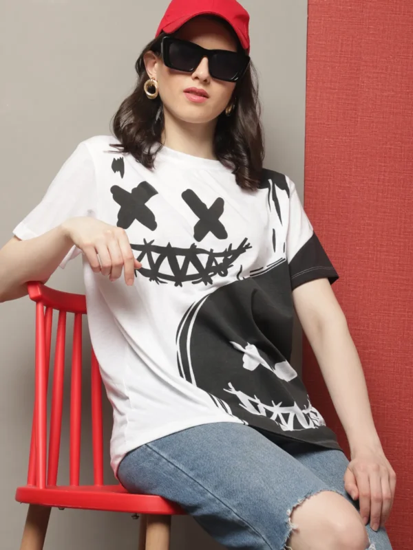 White Cotton Printed Regular Fit Round Neck T-Shirt For Women