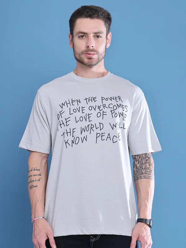 Grey Cotton Printed Oversized T-Shirt For Men - Image 5