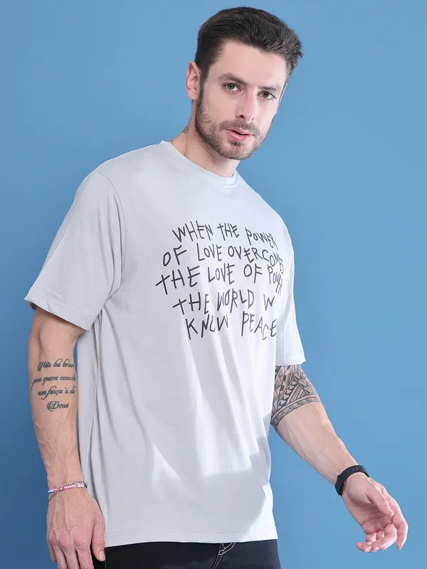 Grey Cotton Printed Oversized T-Shirt For Men - Image 3
