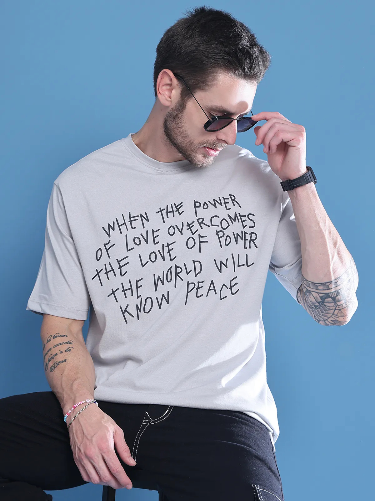 Grey Cotton Printed Oversized T-Shirt For Men