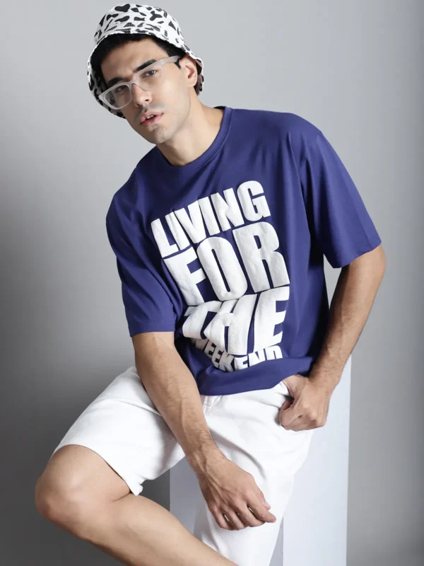 Blue Cotton Printed Oversized T-Shirt For Men