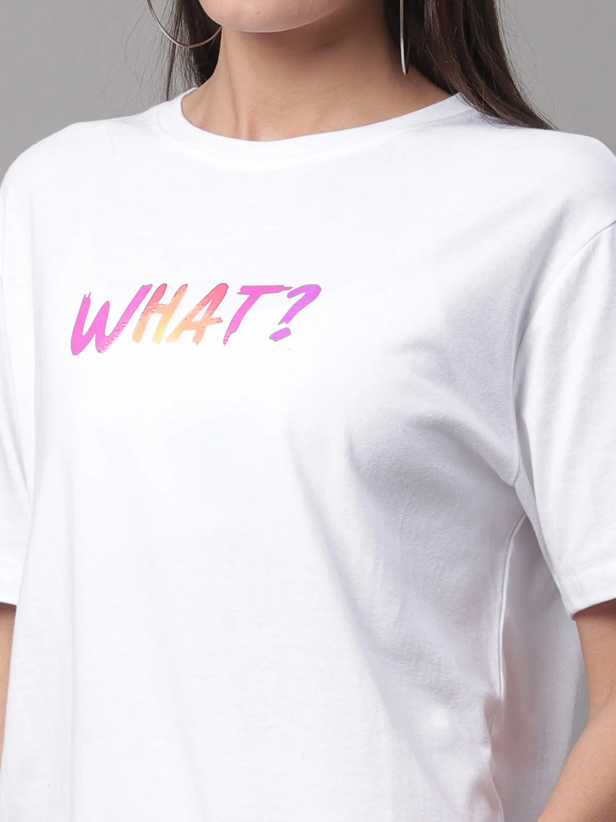 White Cotton Printed Regular Fit Round Neck T-Shirt For Women - Image 2