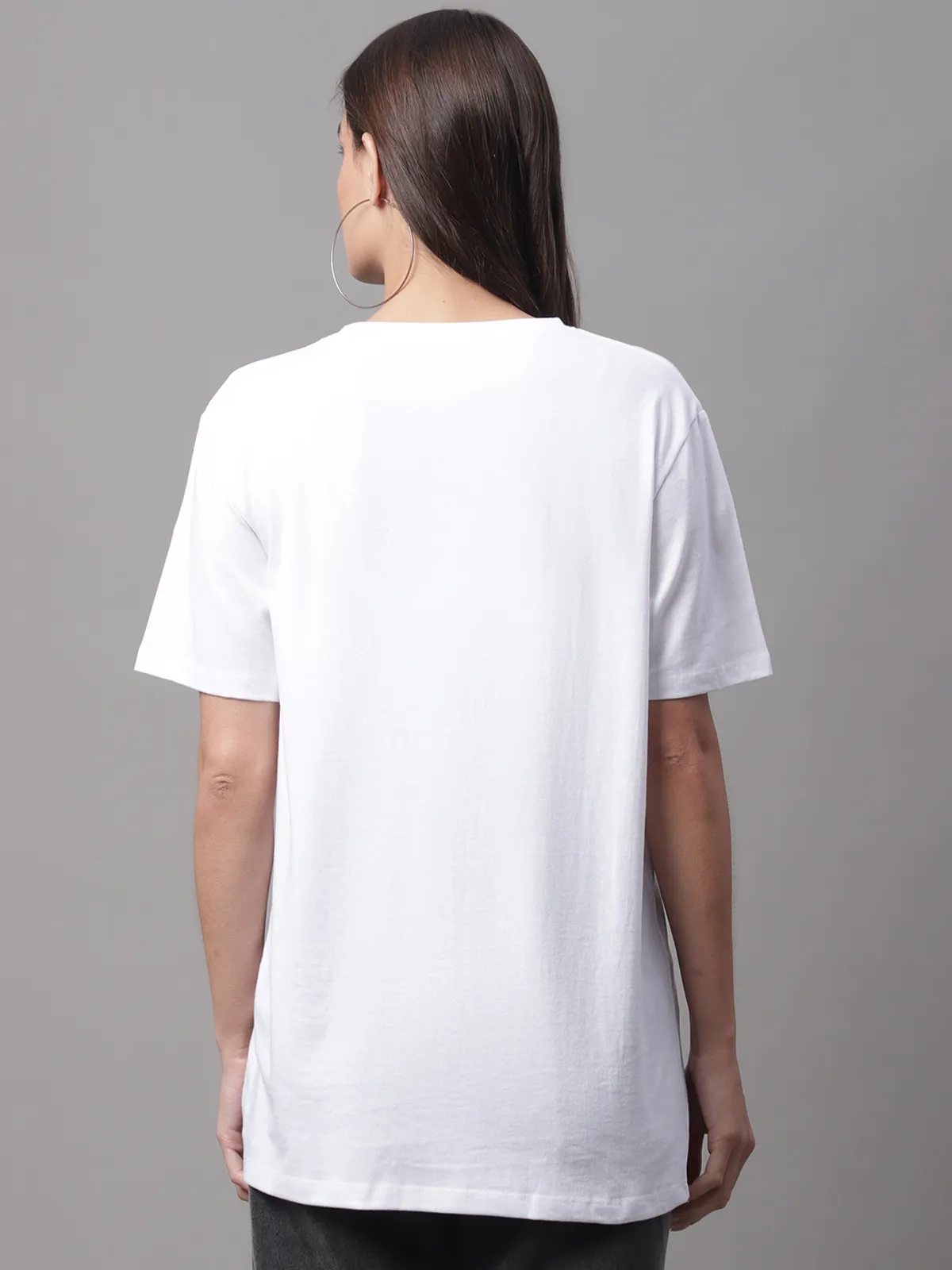 White Cotton Printed Regular Fit Round Neck T-Shirt For Women - Image 4