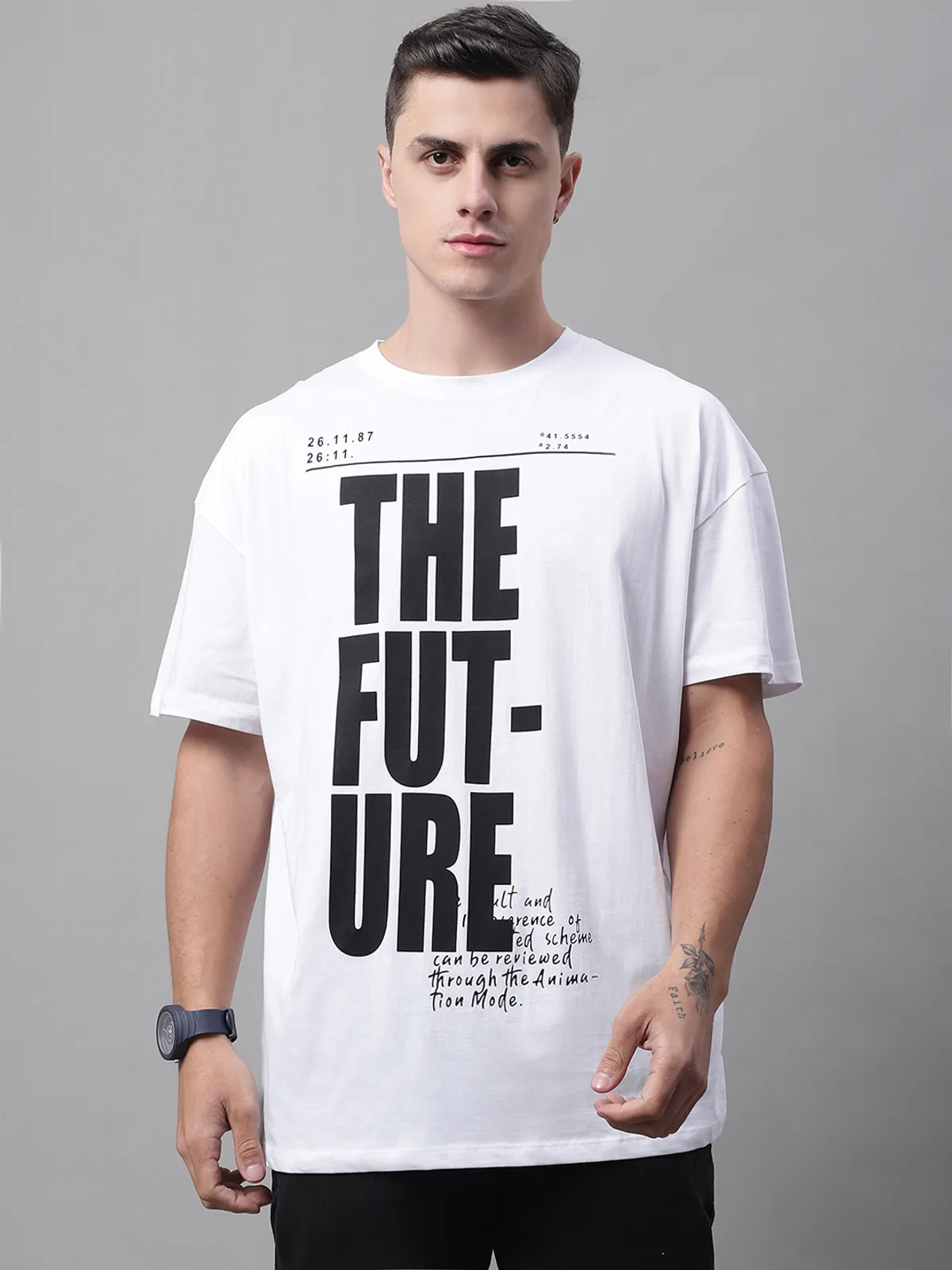 White Cotton Printed Oversized T-Shirt For Men