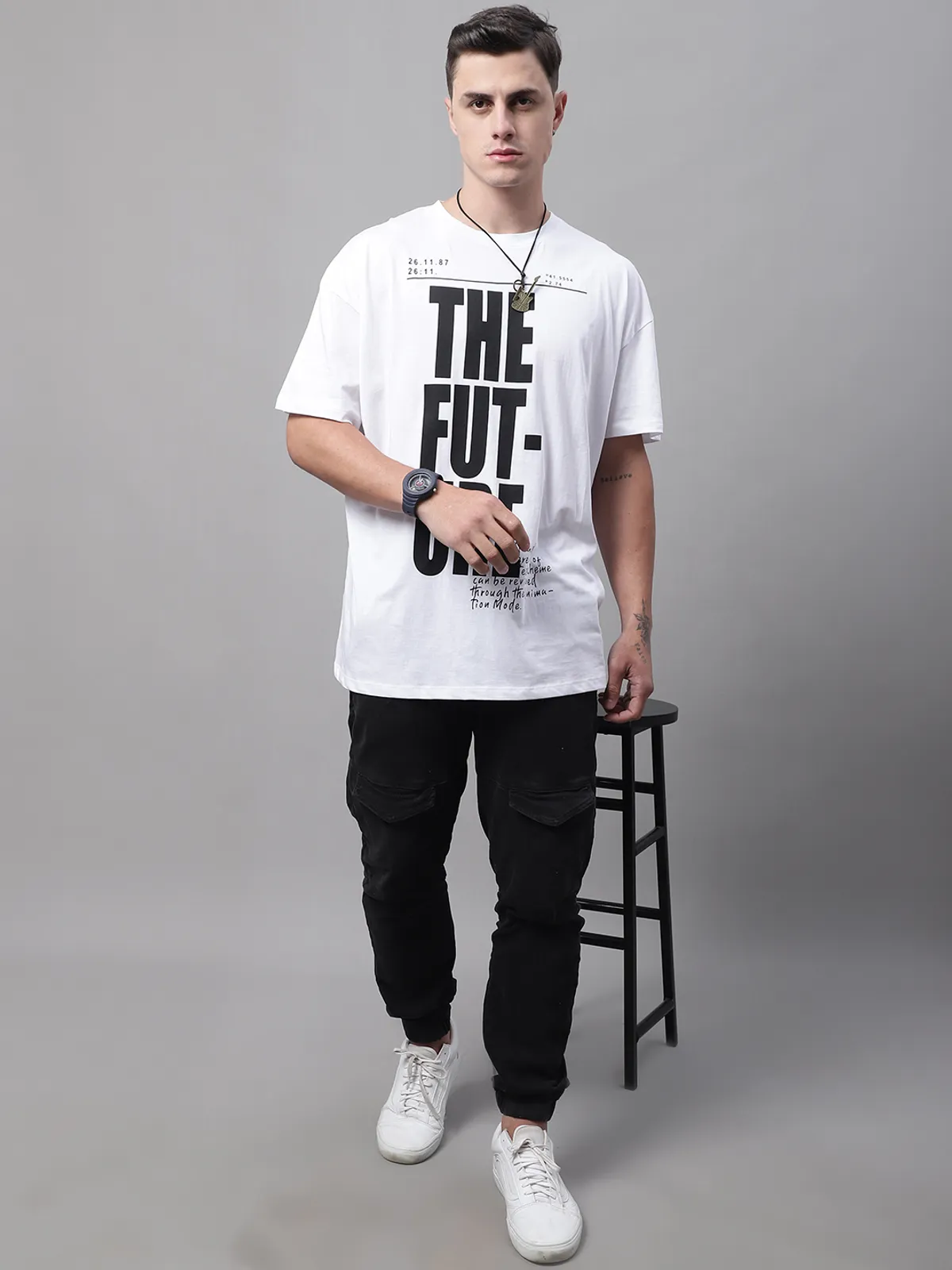 White Cotton Printed Oversized T-Shirt For Men - Image 4