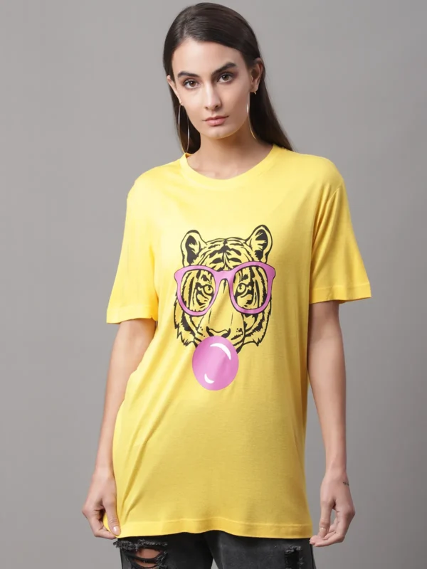 Yellow Cotton Printed Regular Fit Round Neck T-Shirt For Women