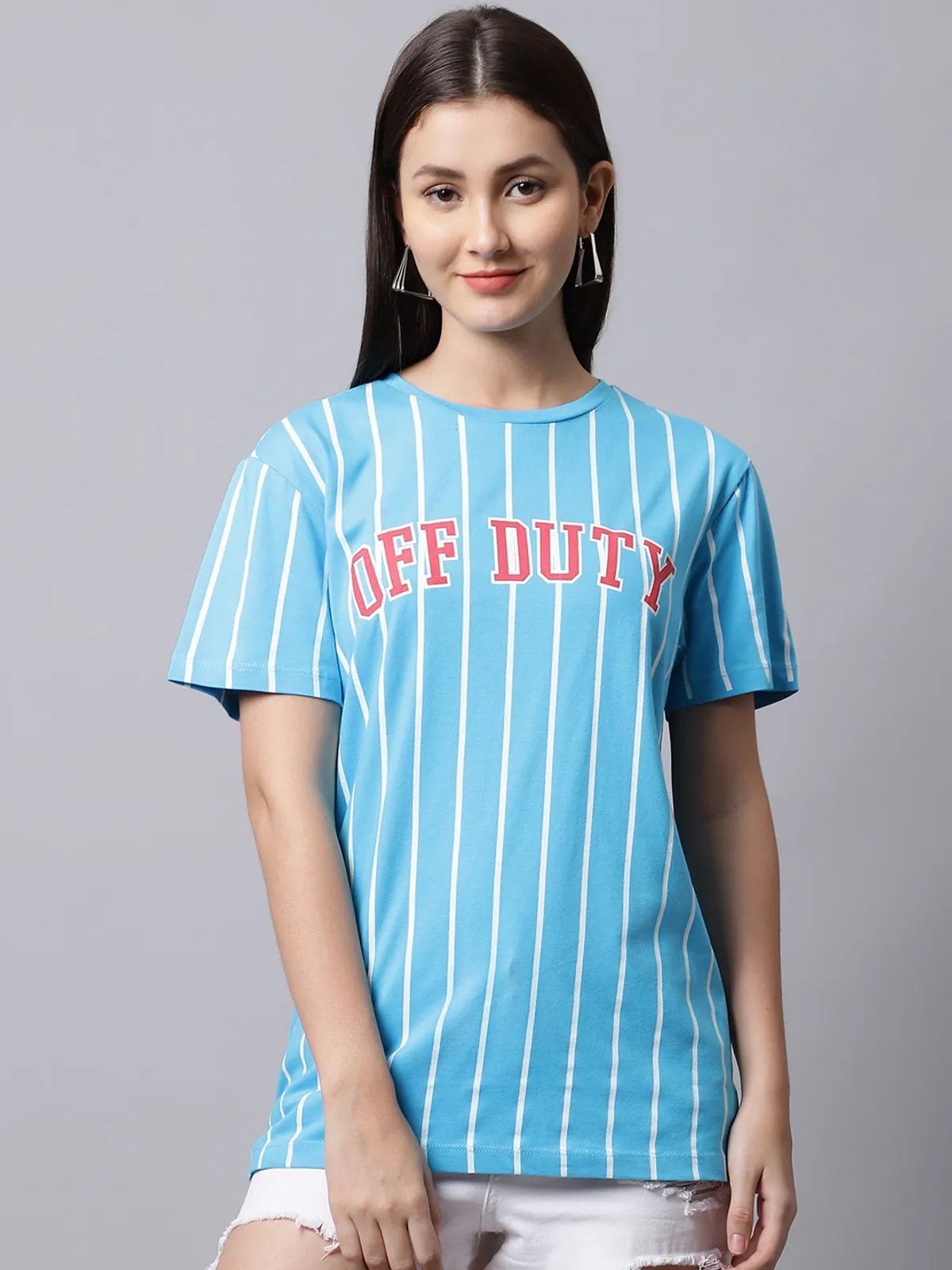 Blue Cotton Printed Regular Fit Round Neck T-Shirt For Women